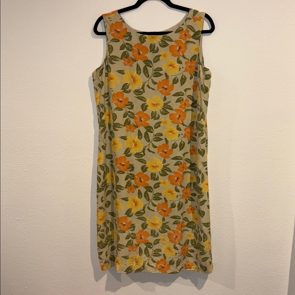 Bermuda Bay 100% Silk Floral Midi Dress - Orange and Yellow Large Excellent